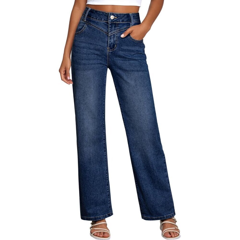 Women's Wide Leg High Waisted Straight Jeans Stretchy Denim Pockets